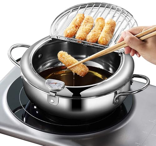 Deep Fryer Pot - Japanese Tempura Small Stainless Steel Deep Frying Pot With Thermometer,Lid And Oil Drip Drainer Rack for French Fries Chicken Wings and Shrimp (24cm/9.4inch)