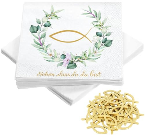 Wishstar 40 Stück servietten Taufe Tischdeko, Servietten Eukalyptu, Taufe und mehr, schön das du da bist servietten, Servietten Gold Grün, Papierservietten für Jungen und Mädchen
