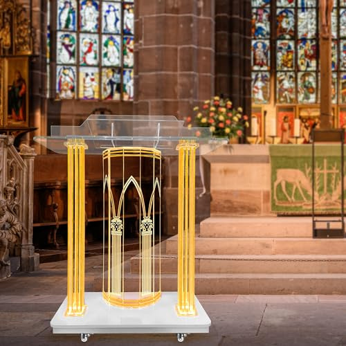 SIERINO Acryl-Kanzeln für Kirchen, 46-Zoll-Kanzel aus klarem Acryl-Podium mit LED-Leuchten und Rädern, Moderne Rednerpulte mit Podiumsständer für kirchliche Hochzeiten, Konzerte, Reden, Klassenzimmer