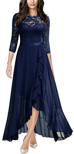 MIUSOL Women's Elegant Scoop Neck Floral Lace Formal Wedding Maxi Dress (Medium, Navy Blue)