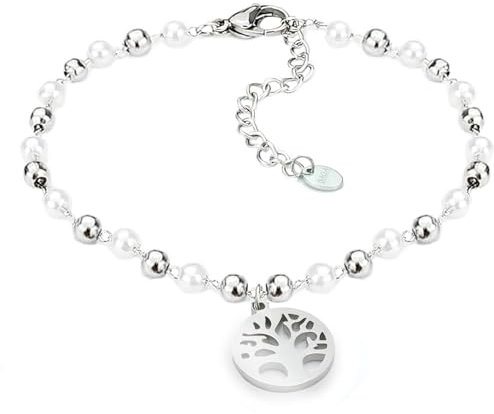 SAGA GIOIELLI® Armband Damen Perlen Baum des Lebens Stern Stahl, 18,5 centimetri, Edelstahl Legierter Stahl