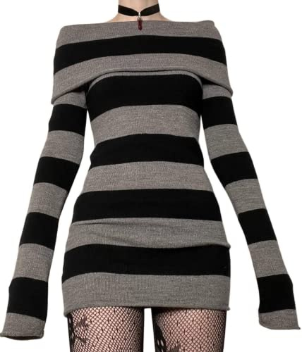 Betrodi Women Gothic Dresses Long Sleeve Off Shoulder Knitted Mini Dress Punk Dark Academia Y2k Retro Grunge Short Dresses (A Black, Small)
