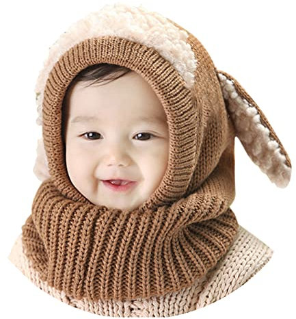BYNYXI Baby Schalmütze Winter, 3 in 1 Schlupfmütze Baby Jungen Mädchen Niedliche Hunde Strickmütze Kapuzenschal Plüschmütze mit Ohrenschutz Fleecefutter Beanie Mütze für Kinder Baby 1-4 Jahren