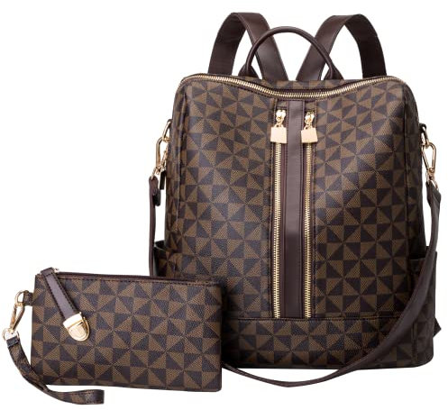 Kiepoar Damen Rucksack aus PU Leder mit Wallet, Stilvoll Tasche Diamantmuster Lederrucksack mit Schultergurt als Umhängetasche, Elegant Backpack Große Mode Bag für Arbeit Schule Reise