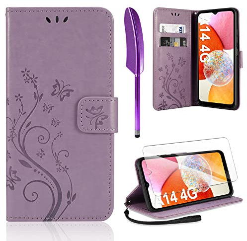 AROYI Lederhülle Kompatibel mit Samsung Galaxy A14 5G/ A14 4G Hülle und Schutzfolie,Flip Wallet Handyhülle Leder Tasche Kartensteckplätzen Schutzhülle Kompatibel mit Samsung Galaxy A14 Lila