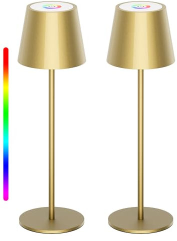 Aipsun 2 Stück Dimmbare LED akku Tischlampe Gold mit 5000mAh, Touch Dimmbar 8 Farben warme 3000K+ RGB tischleuchte kabellos, Aluminium, USB-C, IP54, für den Innen und Außenbereich