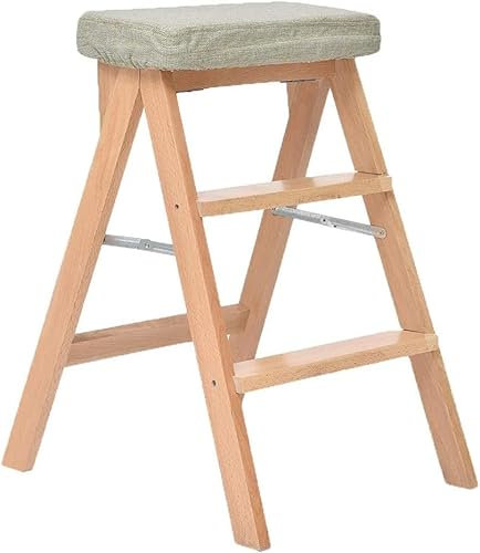 Home Tritthocker, Tritthocker Hochstuhl Holzleiter Treppenregal Trittleiter Hohe Belastbarkeit Schwammfüllung Sitz Klappbar Verbreitert Modern Einfach Höhe 65 cm Farbe:Grün,Grün,Grau