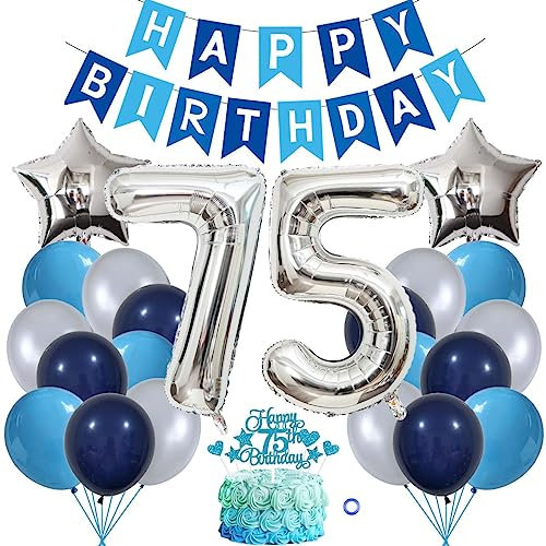 Jxuzh 75. Geburtstag Dekorationen Blau Silber Deko 75 Geburtstag Männer 75 Jahre Kindergeburtstag Deko Luftballon 75. Geburtstag Luftballons Girlande 75 Jahre Geburtstagsdeko für frauen Männer
