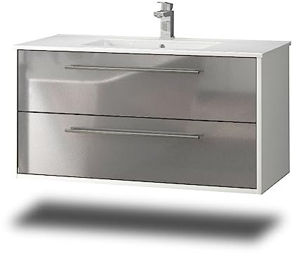 Stil.Zeit Evelia Badmöbel inkl. Waschbecken | Waschtisch mit Unterschrank 100.5 cm | Weiß/Hochglanz Schiefergrau | Metallgriffe/hängend