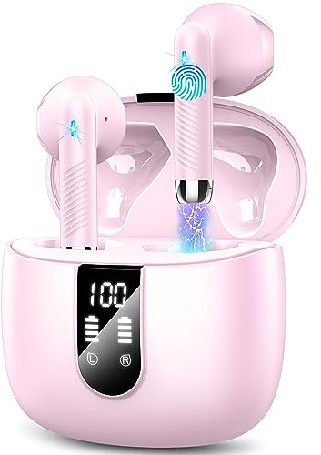 Wasart Auriculares Inalambricos,Auriculares Bluetooth 5.3HiFi Estéreo con ENC Cancelación de Ruido40H Cascos Inalambricos con HD Mic,LED Pantalla Cascos Bluetooth,IP7 Impermeables,Control Táctil,Rosa