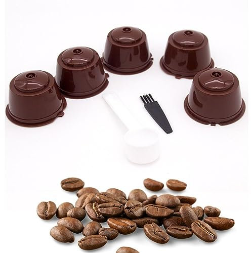 Pack 5 cápsulas café reutilizables para cafetera Dolce Gusto. Incluye cepillo limpiador y cuchara dosificadora. Filtro de café eco-friendly con interior de acero inoxidable y cierre hermético.
