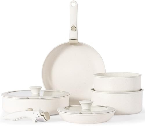 Florosa Juego de ollas y sartenes de cerámica, 9 piezas, 18/20/26 cm, no tóxico, sartén antiadherente con tapa y asas extraíbles, apta para inducción y horno, libre de PTFE y PFOA, color blanco
