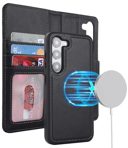 ELTEKER Handyhülle Samsung Galaxy S23 Hülle,[Abnehmbare Magnetische] [Kabelloses Laden] Klapphülle mit Kartenfach Schutzhülle Leder Hülle für Galaxy S23 5G - schwarz