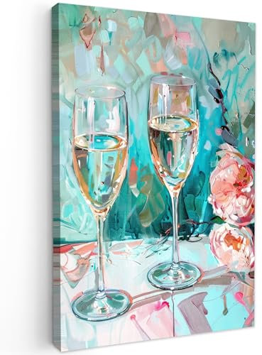 MuchoWow© Leinwand Bilder Groß 80x120 cm XXL Wanddeko Wohnzimmer Aesthetic Room Decor Deko Zimmer Wandbilder Modern Bild auf Leinwand Küchenbilder - Küche - Champagner - Malerei - Blumen - Kunst