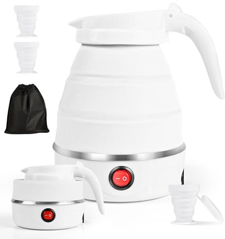 Tetera Electrica Plegable, Hervidor de Agua Portátil para Camping 600ML, Hervidor de agua plegable, mini hervidor de silicona para viajes, senderismo, exterior, camping (Blanco)