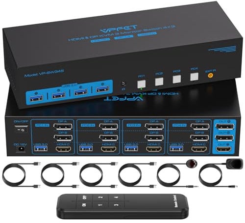 CMSTEDCD 8K60Hz 2 Displayport + HDMI KVM Switch 4 PC 3 Monitores USB 3.0 DP1.4+HDMI2.1 Conmutador KVM para Cuatro ordenadores Compartiendo Tres Monitores y Cuatro Periféricos con Remote Control