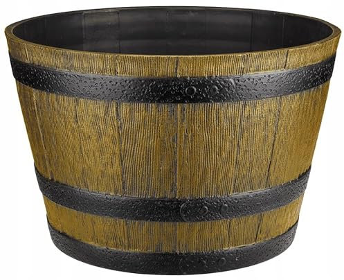 DomoDomo Maceta de jardín 40 x 27 cm Estilo Barril, marrón, plástico Resistente a la Intemperie, decoración rústica para jardín, Interior y Exterior, imitación Madera