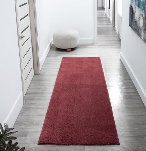 Comfy Washable Plain Non-Slip Hallway Runner Rug, Red, 60x200cm