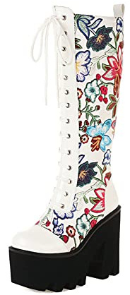 Stivali al Ginocchio Stringati con Plateau E Tacco Largo da Donna con Fiore Ricamato,Bianca,44 EU