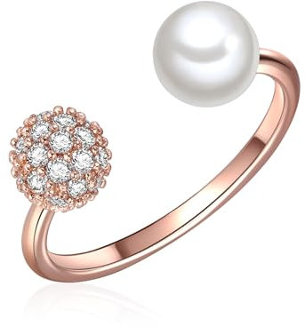 Lulu & Jane Damen-Ring aus Messing rosévergoldet mit Muschelkernperle Rund 6 mm weiß und Zirkonia - Perlenring offen