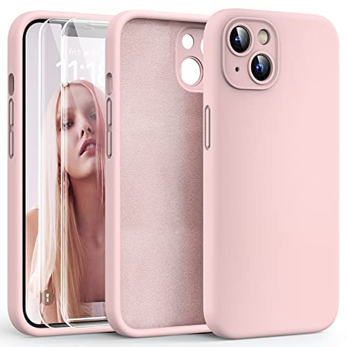 HATOSHI 3-in-1 iPhone 13 Hülle mit 2 Stück Schutzglas, Flüssig Silikon Anti-Rutsch Kratzfestes Stoßfest Handyhülle iPhone 13 Schutzhüll, Rosa