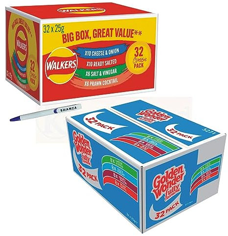 SHANZA DEPARTMENTAL'S Golden Wonder Fully Flavoured Blue Box & Walkers Big Red Cheese and Onion Salt Vinegar Smoky Bacon 32pkx25g Each Box/Total 64 Individual Bags + Pen | By DEPARTMENTELS