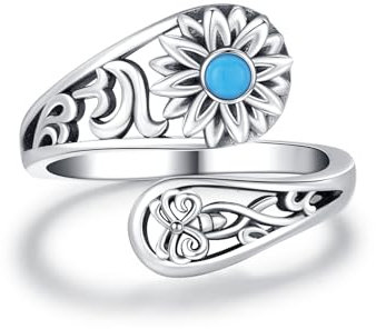 CRWENG Sunflower Turquoise Open Ring for Women Sterling Silver Turquoise Spoon Ring Vintage Adjustable Spoon Rings Sunflower Jewelry Gifts for Women (Bee)