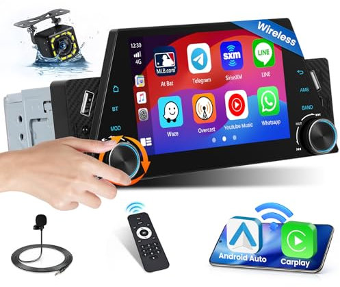 Inefala 1 DIN Radio Carplay con 5 Pulgadas Pantalla Táctil Extraible, Autoradio Bluetooth con Android Auto & Mirror Link FM Radio USB SWC Mic+Cámara Trasera+Mandos a Distancia