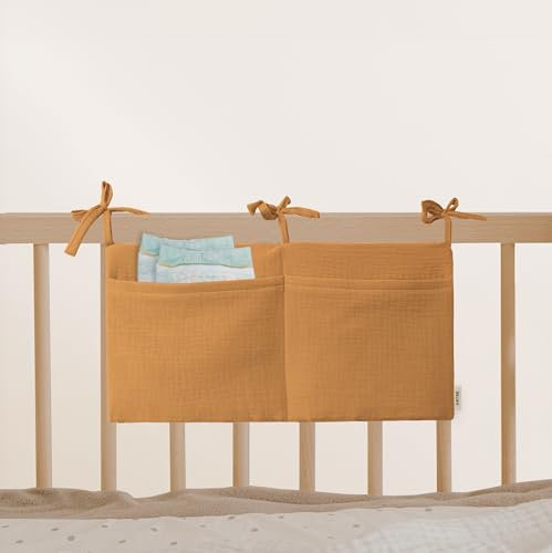 Babybett Aufbewahrungstasche aus 100% Baumwolle Musselin, für das Beistellbett, Babybett, Kinderbett. Ideal zum Verstauen von Windeln, Schnullern (Sunrise)