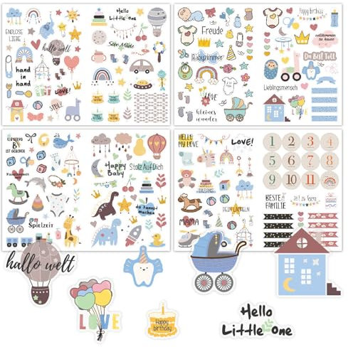 212 Stickers Babyalbum, 4 Stück Scrapbook Stickers, Aufkleber für Kinder und Baby Fotoalben, A4 DIY Sticker Babyparty Scrapbooking Gästebuch Fotoalbum Sticker Basteln Geschenke (29 x 21cm)