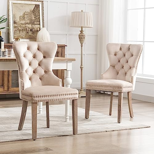 Esszimmerstühle 2er-Set Küchenstuhl Polsterstuhl Dining Chair Esstisch Samt Stühle Armlehnenstuhl für Esszimmer Wohnzimmer, Gestell aus Massivholz, Beige