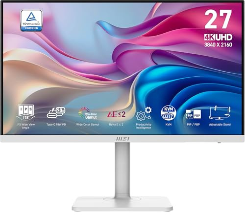 MSI Modern MD272UPHW IPS Computer Monitor 3840 x 2160 (UHD), 60Hz, Adaptive Sync, HDR 400 Display, HDMI, DisplayPort, KVM, VESA Mount, Height Adjustable, Speaker, Color
