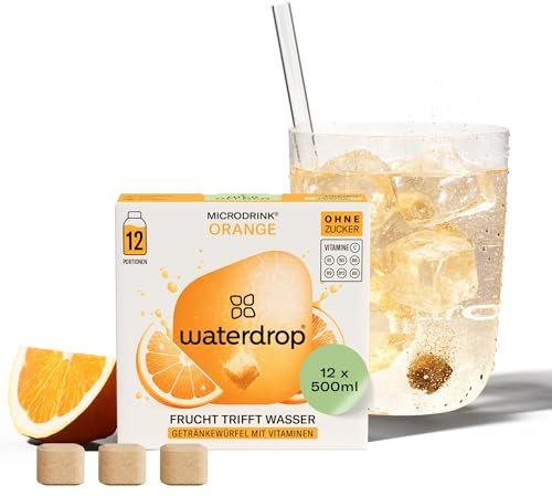 waterdrop® Microdrink Limonade: Orange, 12 Drops Würfel, zuckerfreies Getränkpulver, fruchtige Sorte, Frucht- und Pflanzenextrakten, mit wertvollen Vitaminen, Wasserzusatz