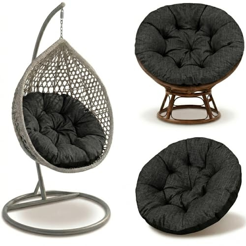 Hängstol Dyna 110 cm – Papasan Äggstol rund – stor sittdyna vattenavvisande för Trädgård Altan Uterum Inomhus Utomhus Rotting Vardagsrum och Balkong Grafit ekologiskt linne