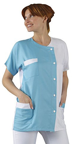 Hurry Jump Label Blouse Tunique médicale Col Rond 3 Poches Manches Courtes Sergé 210 gramme Couleurs Blanc Turquoise Pressions inoxydables Lavage Machine 90 degrés ou Industriel T6-56/58