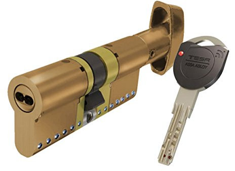 Tesa Assa Abloy TK1B3535L Cilindro de Alta Seguridad TK100 Doble Embrague Latonado 35 x 35 mm Llave, Botón Leva Larga
