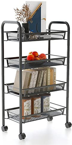 Leogreen - Lagerwagen, Aufbewahrungsmöbel, 4 Lagen, 83,5 x 46 x 27 cm, Schwarz, Material: Eisen