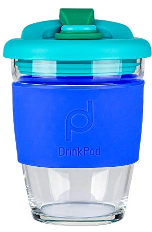 Pioneer DrinkPod Taza de café reutilizable sin BPA 340 ml 12 oz taza de café de cristal de viaje – Océano AZUL