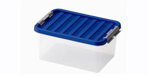 Heidrun 12 Stück Clipbox mit Deckel+Verschlüssen, 8,0 Liter, 34x23x16cm- transparent/transparenter oder blauer Deckel (Farbwahl zufällig)