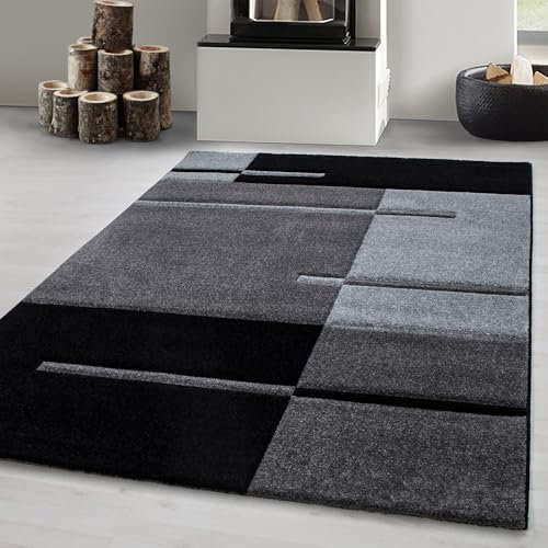 Carpetsale24 Teppich 160x230 cm – Kurzflor Konturenschnitt in Schwarz Grau – Kariertes Design, Waschbar, Pflegeleicht, Extra Weich – Für Wohnzimmer, Esszimmer, Schlafzimmer