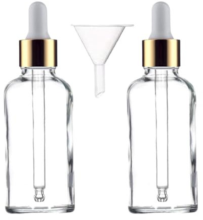 Avalon Cosmetic Packaging 50ml Clear Glass Bottles with Gold & White Dropper Pipette - GL18mm Neck, 115mm Height - Elegant Serum & Essential Oil Dispenser - Includes Bonus Mini Funnel, Pack of 2