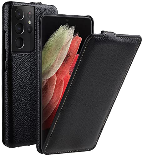 STILGUT Etui conçu pour Samsung Galaxy S21 Ultra 5G Coque à Rabat Vertical et Fermeture à Clip en Cuir véritable, Noir