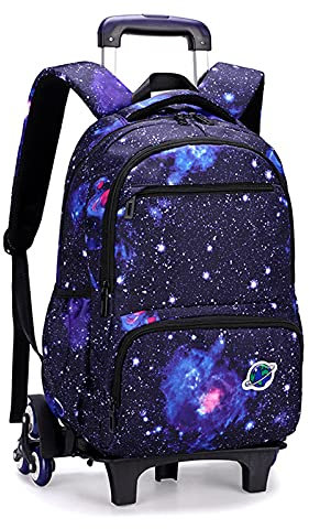 Trolley Rucksack, Kinder Trolley Schultasche mit Rollen Rucksack, Sternenklarer Himmel Schulrucksack Schultrolley Rucksäcke Schulranzen für Mädchen Junge (30 * 14 * 45cm,Schwarz)