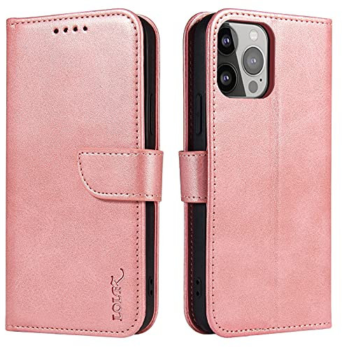 LOLFZ Wallet Case for iPhone 13 Pro Max, Vintage Leather Book Case with Card Holder Kickstand Magnetic Closure Flip Case Cover for iPhone 13 Pro Max - Rose Gold