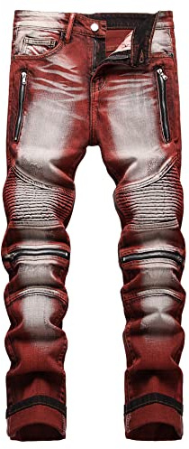 Baylvn Men's Designer Straight Slim Fit Patchwork Jeans Comfort Skinny Biker Denim Pants, 8350 Red, 36