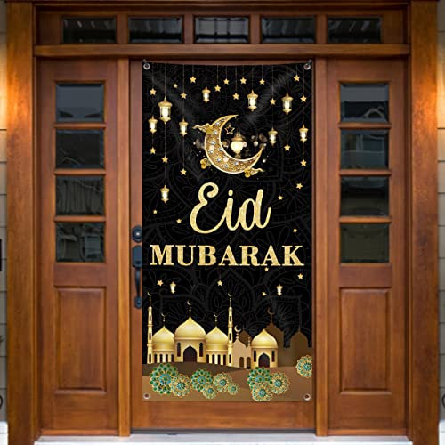 Eid Mubarak Dekorationen, 180 x 90 cm, großer Stoff, muslimisches Ramadan-Kareem-Banner, Ramadan-Mubarak-Schild, Fotoautomaten, schwarz, goldfarben, Hintergrund für muslimische Partyzubehör