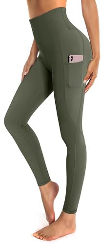 OUGES Damen Sport Leggings High Waist Leggins Yogahose Blickdichte Sporthose mit Taschen (Olivgrün,L)