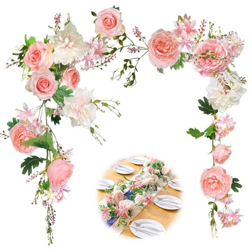 MEYAGOT Guirlande de Pivoine 180cm, Guirlande Fleurs Artificielles, Guirlandes de Fleurs Artificielles Deco, Mariage Fleur de Vigne Artificielle Pivoine pour Mariage Maison Table Fête(Rose) (Rose)
