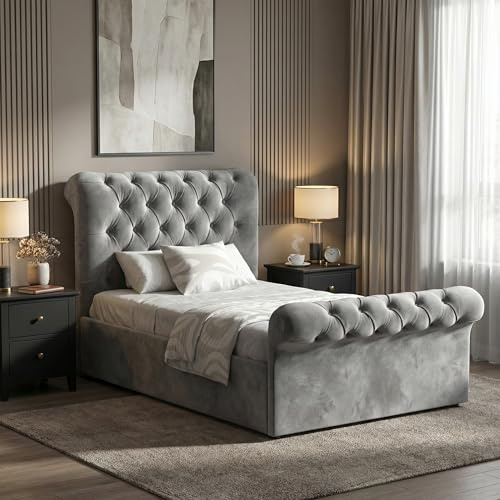 Blisswood Upholstered Ottoman Bed Single Bed Frame UKFR Velvet Dark Grey Ottoman Storage Bed With Gas Lift Side Opening Wooden Slats With Storage Bed (3ft Single 90 x 190, No Mattress)