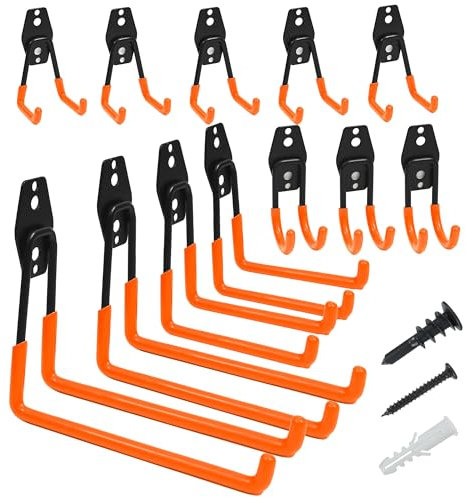 TECHSHARE Garage Hooks, 12 Pack Heavy Duty Wall Hooks, 4 Sizes Storage Hook for Garden Tools, Sports Equipment, Garage Organization